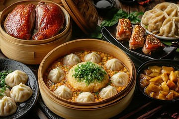 Chinese cuisine food spread with steamed dumplings, roasted duck, and other delicacies. Concept of Chinese new year or special occasion meal.