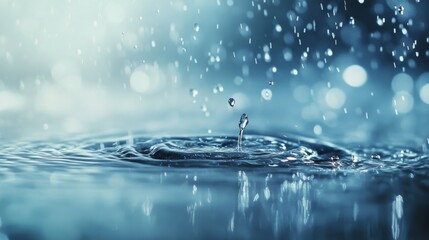 Wall Mural - Raindrops creating ripples on water surface under soft glowing lights during nighttime