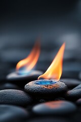 Wall Mural - Flames rising from smooth stones on a dark surface in a tranquil setting