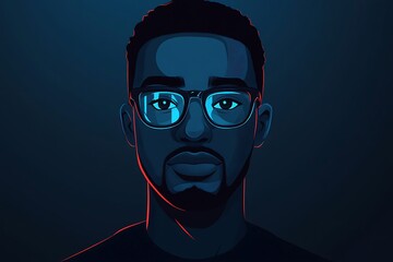 Sticker - Digital art portrait of a young man wearing glasses with neon blue and red light effect.