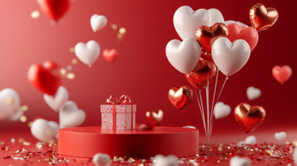 A glossy red podium with white and gold heart balloons, a gift box tied with a rose-patterned ribbon, and scattered rose petals for a romantic celebration.