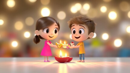 Children Celebrating Festival with Diyas and Joyful Smiles