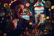 © Ala - A joyful man celebrating his big win at a bustling casino, surrounded by colorful lights and excitement in the air