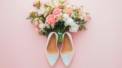 White shoes on hills with pink bouquet, bridal wedding footwear, romance flower celebration, beautiful marriage fashion detail, elegant bride accessories, love ceremony