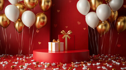 A glossy red podium with gold and white balloons, a gift box tied with a bow, and rose petals scattered around for a romantic Valentine's Day scene.