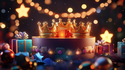 A podium with three golden crowns, vibrant presents, and glowing stars, creating a regal and festive display for Three Kings Day.