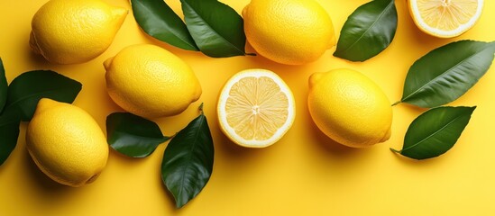 Wall Mural - Fresh Lemons and Leaves on Yellow Background