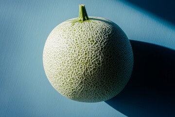 Copy space with ripe yellow melon on blue painted background. Organic seasonal farm fruits concept. Healthful vegan food.