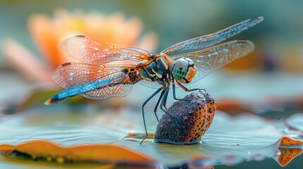 Serene close-up of a dragonfly with gossamer wings perched on a dried lotus pod in a tranquil lily pond. Calm, zen nature scene with green-eyed dragonfly and blue lotus, perfect for meditation