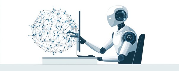 Poster - AI robot interacting with futuristic digital sphere on computer illustrating technology and innovation