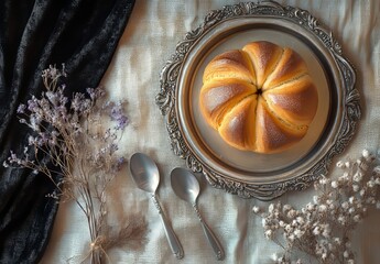 Wall Mural - French sweet dessert with pecan and peanut brioche on an elegant silver tray. Delicious seasonal breakfast with selective focus on the top view.