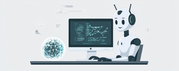Poster - Illustration of an AI robot working at a computer with data charts showcasing technology and innovation
