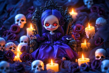 Aufkleber - A gothic doll dressed in a deep purple gown, sitting on a velvet throne surrounded by glowing skulls and dark roses. Her glowing red eyes and stitched smile give her an eerie, powerful aura