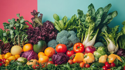 Wall Mural - A podium decorated with colorful vegetables, leafy greens, and eco-friendly materials, set against a vibrant, plant-based backdrop for World Vegan Day.