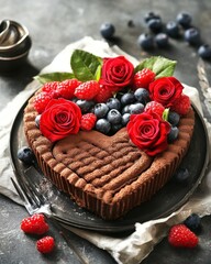 Wall Mural - In a dark background, chocolate cake is adorned with roses and raspberries