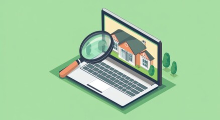 Wall Mural - a laptop with a magnifying glass over a real estate website generative ai