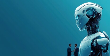 Poster - AI robot interacting with business professionals in a futuristic office setting, highlighting technology and collaboration