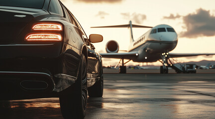 View of black luxury limousine car with private white jet in the background at the airport, private luxury escort