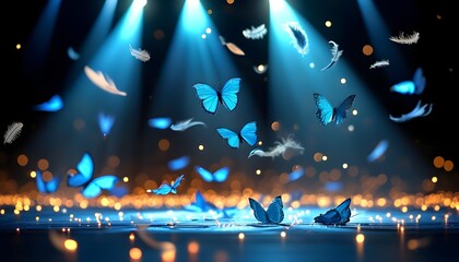 Wall Mural - Magical theater stage illuminated by a beam of light, surrounded by dancing feathers and fluttering blue butterflies