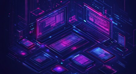 Poster -  illustration of web development technology displayed on digital screens with futuristic and neon glowing interface elements in dark cyber environment