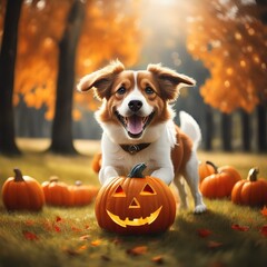 happy dog enjoying Halloween in the park