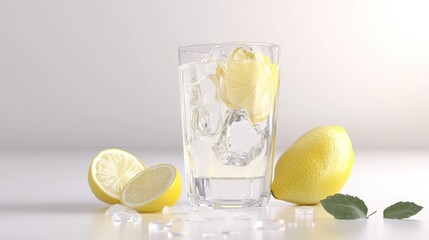 Wall Mural - A Glass of Lemonade with Fresh Lemon Slices and Ice Cubes