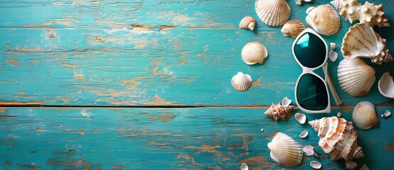 seashells on a wooden plank with sunglasses. place to write text or design.