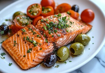 Serve smoked salmon salad with sesame vinaigrette dressing on a white plate