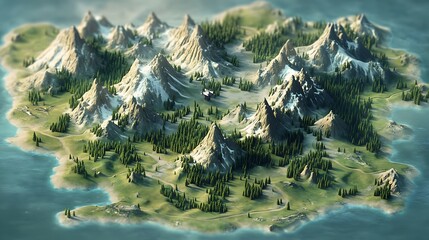 Poster - Aerial view of a fantasy island with snow capped mountains, forests, and a river