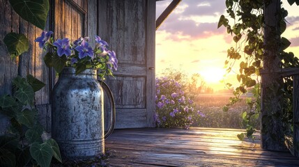 A farmhouse porch at sunrise, with a vintage metal milk jug repurposed as a planter for morning glories and wild ivy