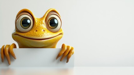 Wall Mural - A Cartoon Frog Peeking Over a White Surface