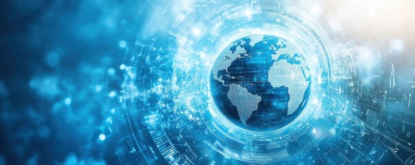 Poster - Abstract blue digital background with a floating globe surrounded by technological elements