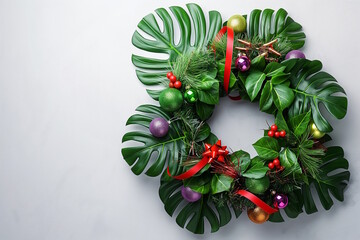 Vibrant Tropical Leaf Wreath with Colorful Holiday Decorations, Festive Decor Concept