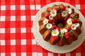 Wall Mural - The cake is decorated with raspberries, flowers, and green leaves.