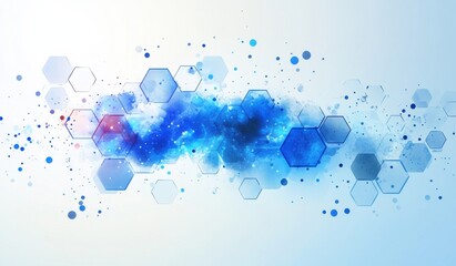 Poster - abstract blue hexagons and dots on a white background, conveying a futuristic and technological them