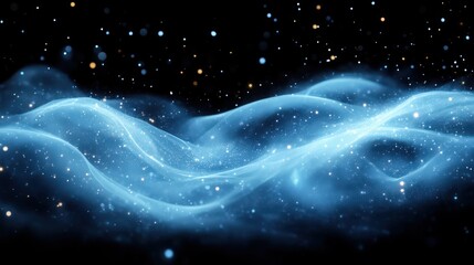 Wall Mural - Glowing Blue Waves With Sparkling Particles In A Dark Sky