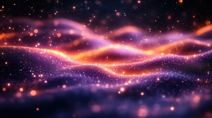 Wall Mural - Shimmering Neon Waves With Purple And Orange Light Particles In Abstract Design