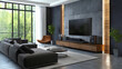 © Nemanja - TV in living room, apartment home interior with window, furniture arranged stylishly, table adds function, contemporary and elegant living space, modern design on display