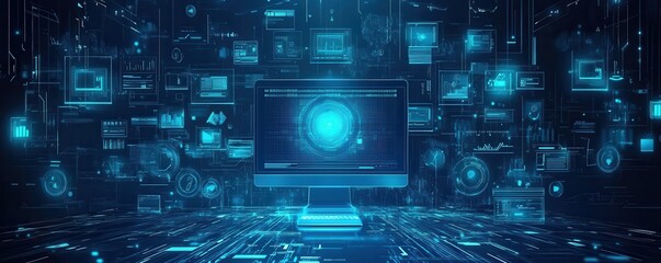Poster - Abstract digital illustration of a futuristic computer interface with glowing holographic elements