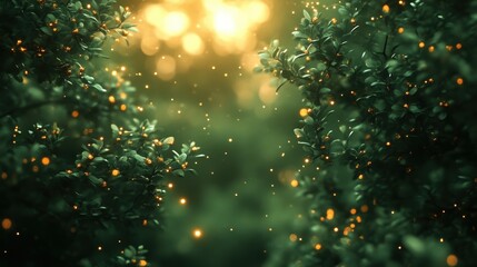 Mystical Green Forest With Glowing Golden Fireflies At Twilight