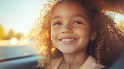 Smiling young girl with curly hair illuminated by golden sunlight, close-up portrait, cheerful expression, natural beauty, happy and carefree child enjoying warm summer day, glowing skin.