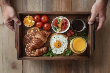 Pancakes and eggs are on a plate held by a man's hands