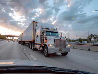 Large truck with cargo driving on a busy highway in V6 style, captured in raw format.