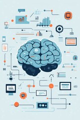 Poster - Illustration of an interconnected AI brain surrounded by data elements and technological icons on a digital interface