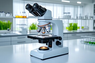 Poster - A hyper-realistic view of a microscope in a science lab, with detailed reflections on the lens and a clear view of the specimen under study