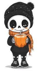 Wall Mural - Cute Cartoon Skeleton with Pumpkin Drink in Winter Hat