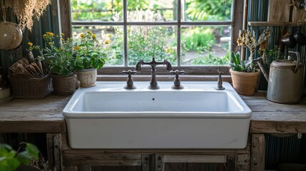 A vintage farmhouse sink with a high back and original faucets, surrounded by rustic decor and a window overlooking the garden