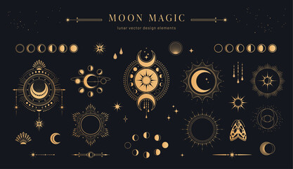 moon magic: set / collection of lunar / celestial design elements with moon phases, bursting rays of