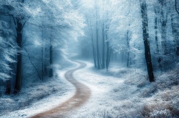 Poster - A winding path through an icy forest, with frost-covered trees and soft blue hues in the misty air. The road leads to the distant horizon, creating a sense of mystery and wonder