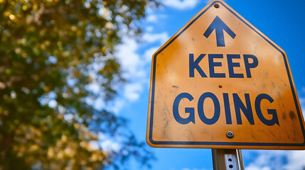 Keep Going sign with forward arrow, motivational business concept, black text encourages success and persistence, directional road marker points to future progress, continue ahead, copy space